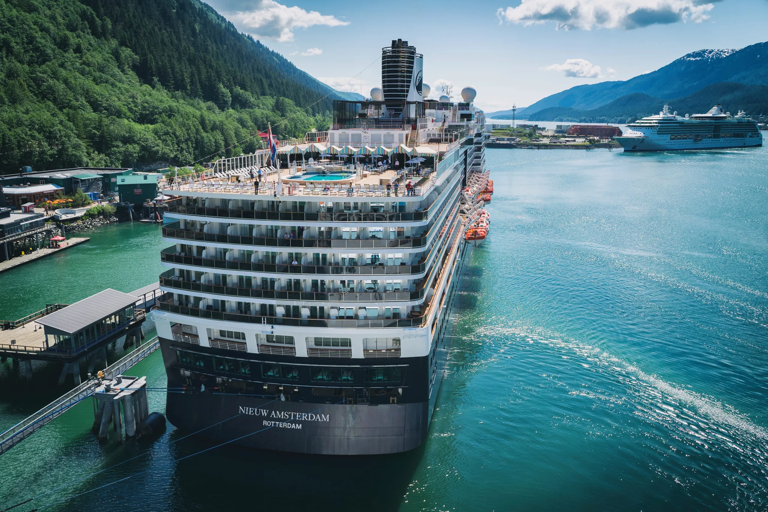 An elevated view of a large cruise ship berthed at a wooded fjord port, with a second cruise ship anchored beyond it under blue sky.