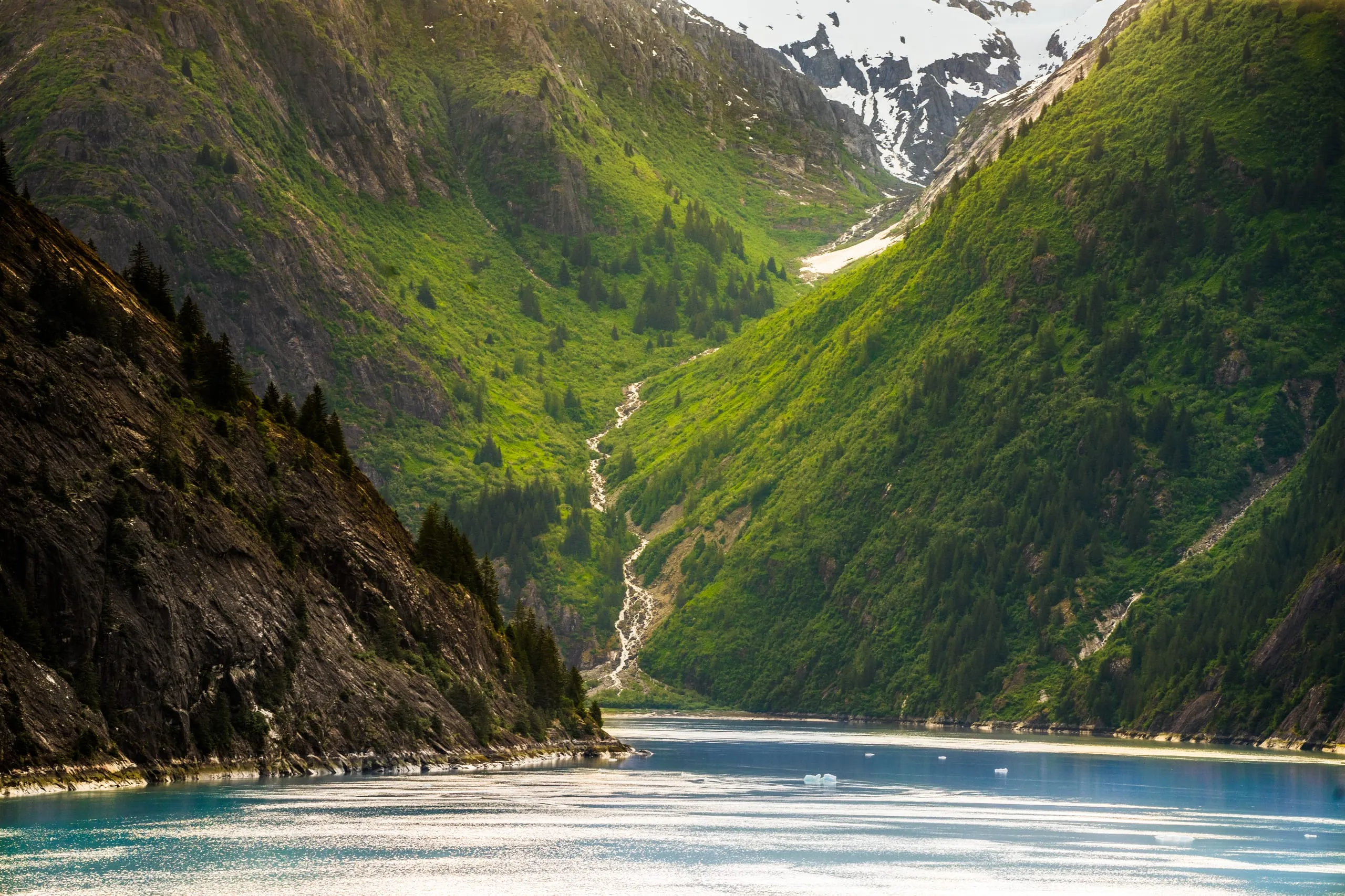 A cascading stream runs down a lush green ravine between steep fjord walls into blue water dotted with small ice.