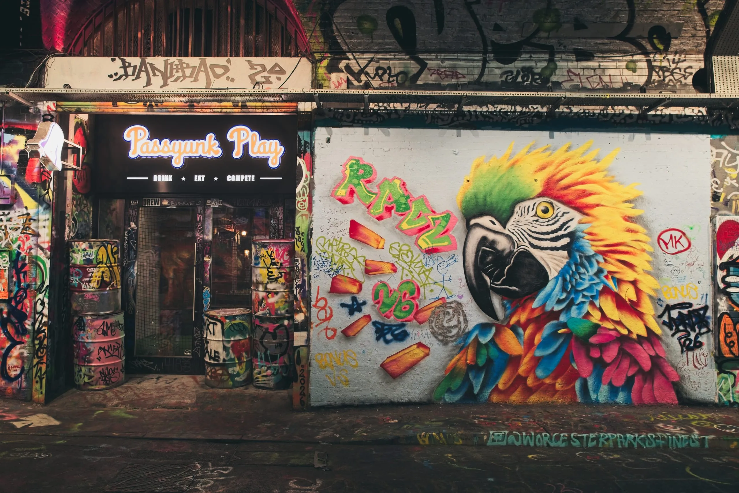 Photograph of a graffiti-covered tunnel wall in London featuring a large colorful macaw mural painted beside a neon-signed bar entrance, every surface layered with spray-paint tags.