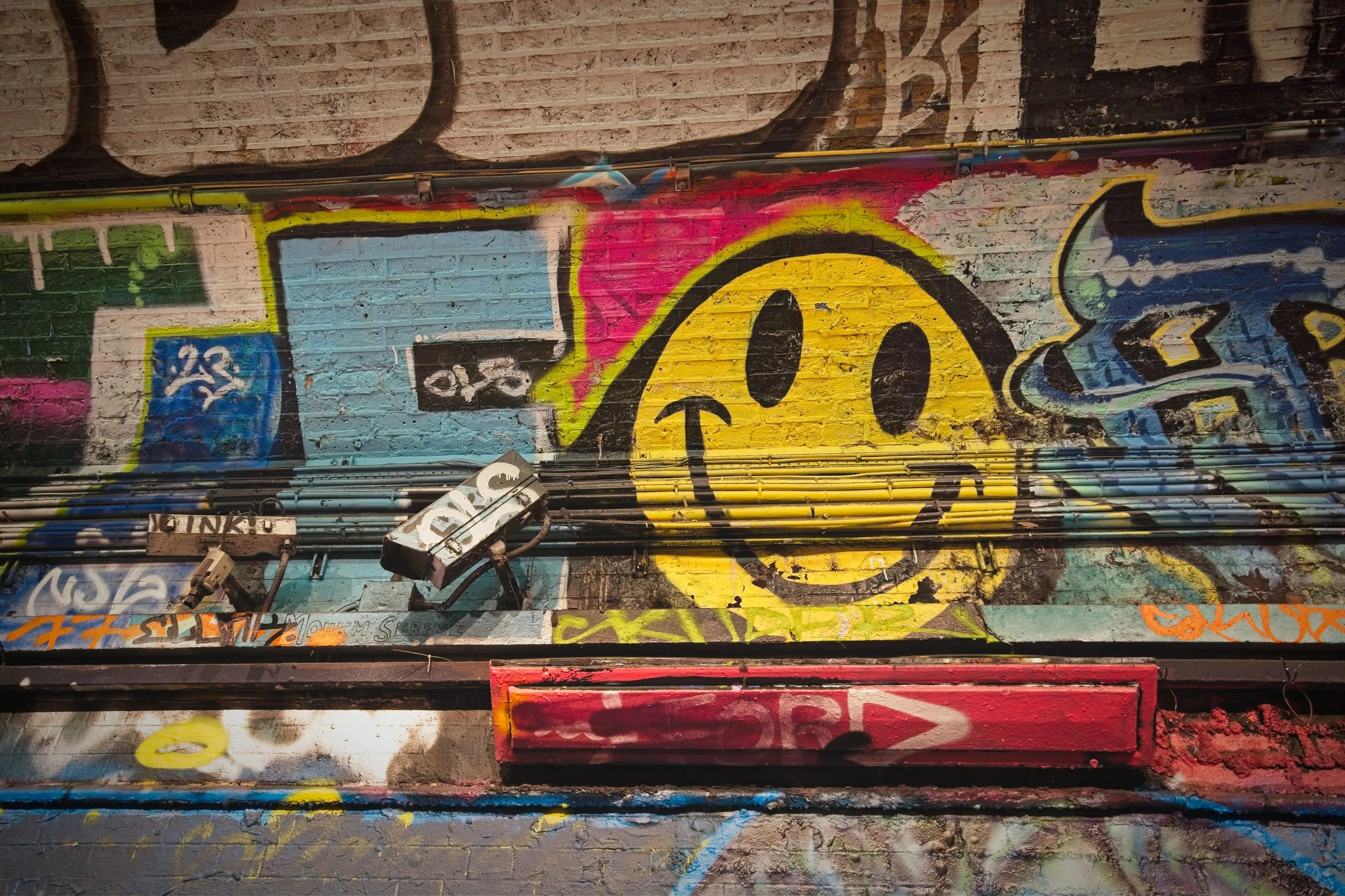 Photograph of a graffiti-covered brick wall in London showing a large yellow smiley face mural painted over exposed conduit pipes, with a red arrow sign mounted below.
